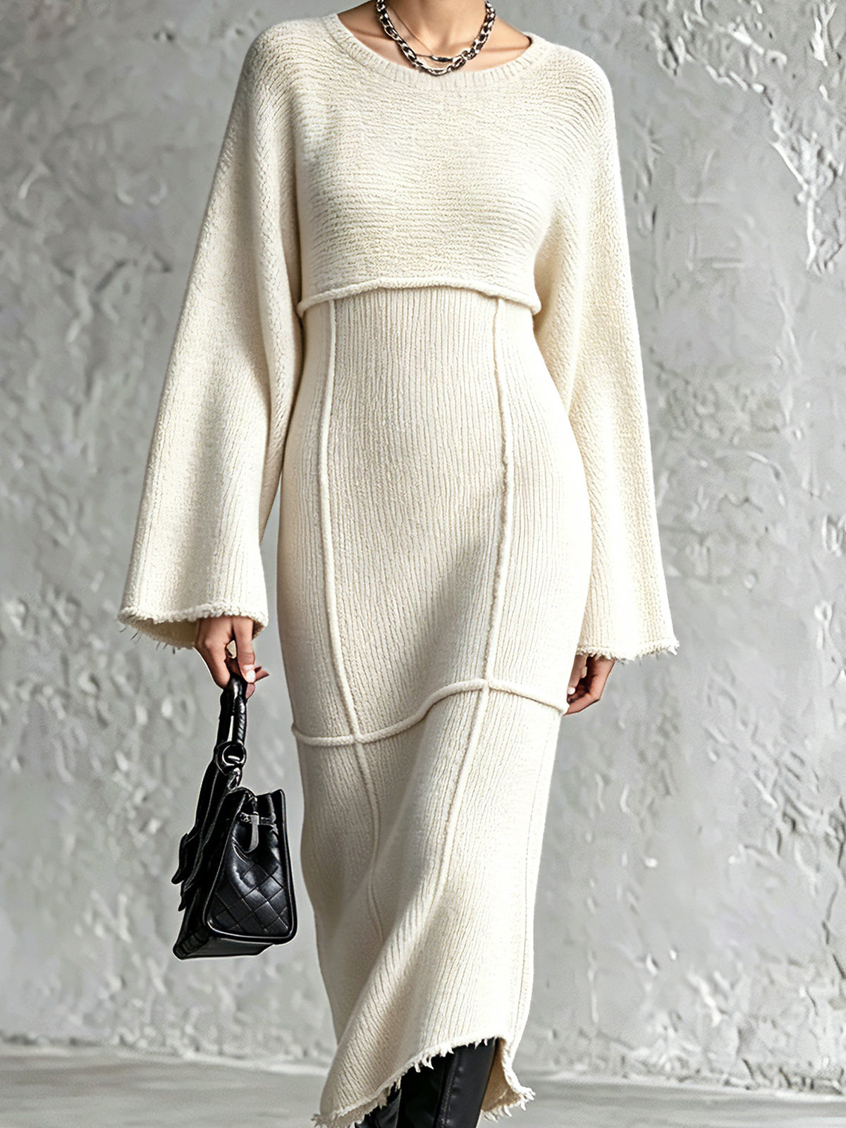 Vestido Midi Chic Elegante Blanco Crema con Cuello Redondo, Mangas Acampanadas y Bolsillos