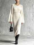 Vestido Midi Chic Elegante Blanco Crema con Cuello Redondo, Mangas Acampanadas y Bolsillos