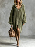 Vestido Midi Chic Casual Verde Militar Oversize con Capucha, Manga Larga y Dobladillo Asimétrico