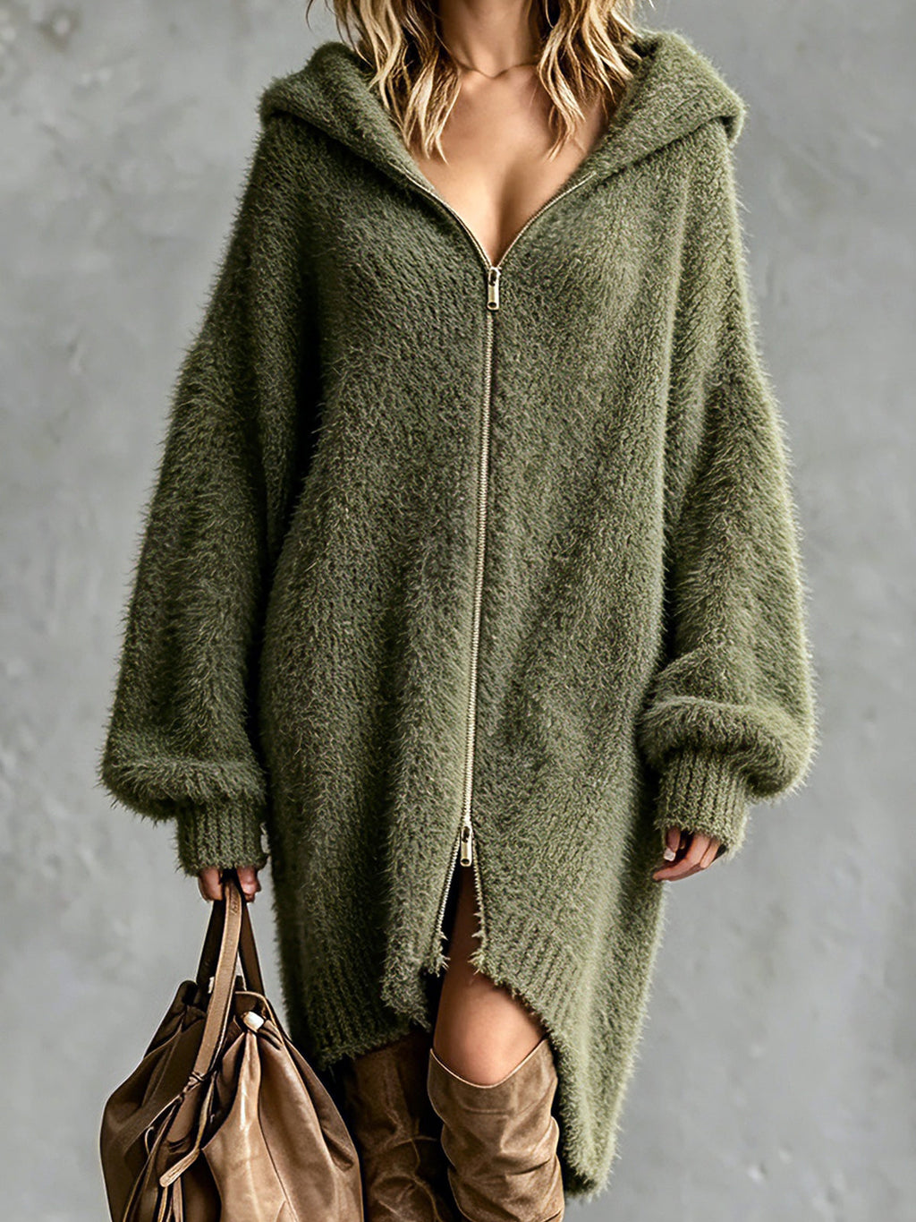 Vestido Midi Chic Casual Verde Militar Oversize con Capucha, Manga Larga y Dobladillo Asimétrico