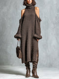 Vestido Midi Chic Elegante Café con Cuello Alto, Hombros Descubiertos y Abertura Lateral