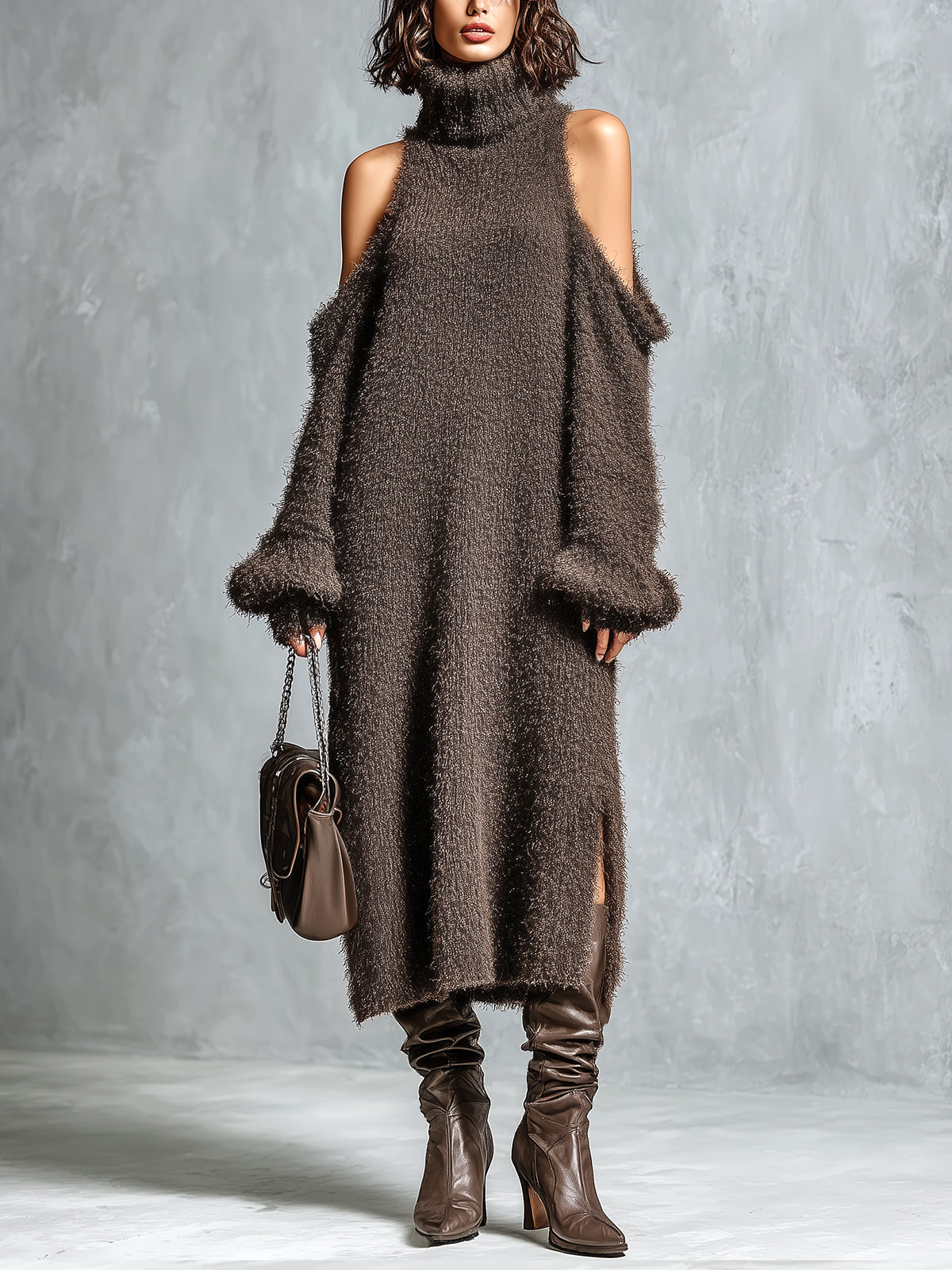 Vestido Midi Chic Elegante Café con Cuello Alto, Hombros Descubiertos y Abertura Lateral