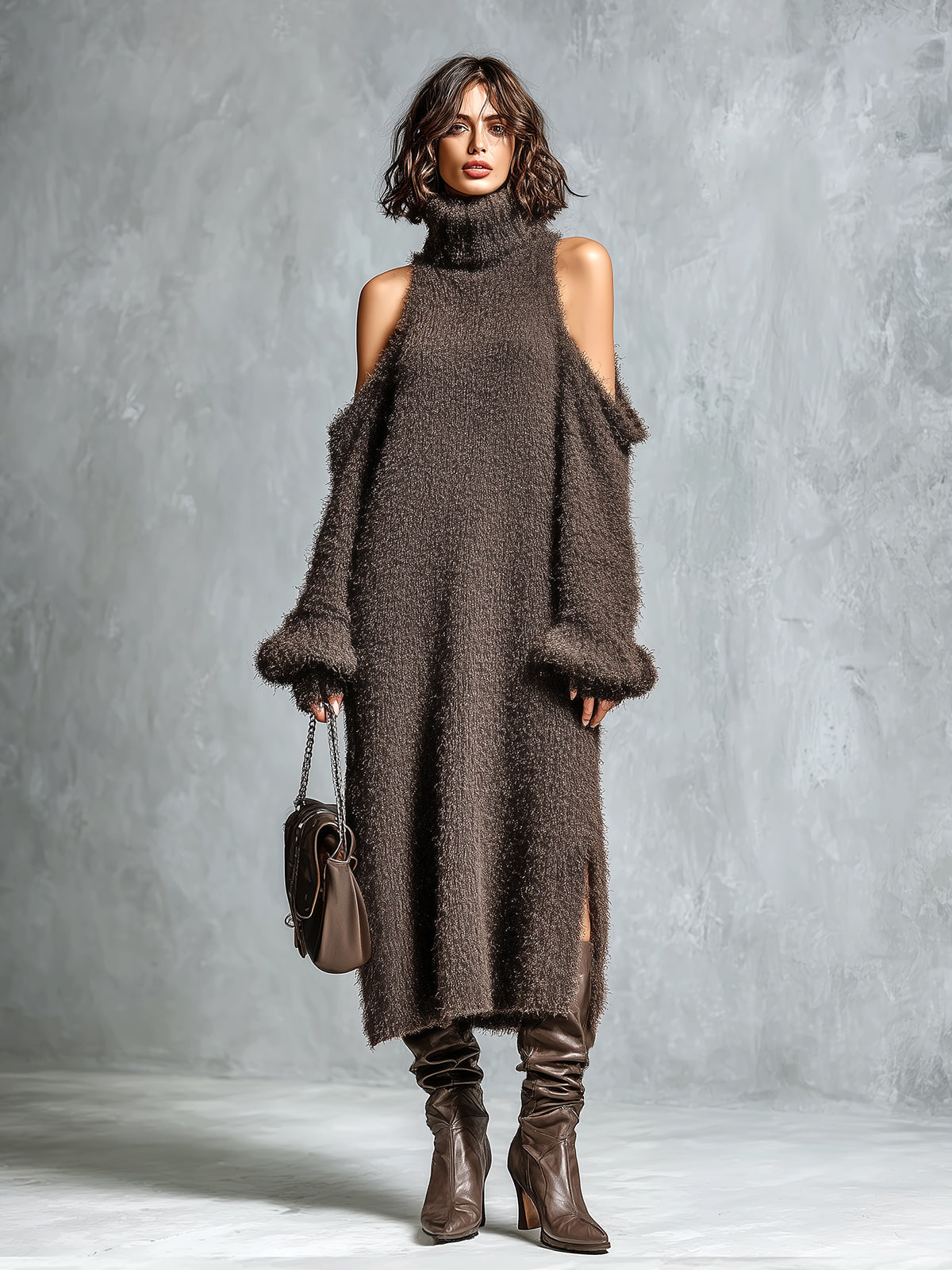 Vestido Midi Chic Elegante Café con Cuello Alto, Hombros Descubiertos y Abertura Lateral