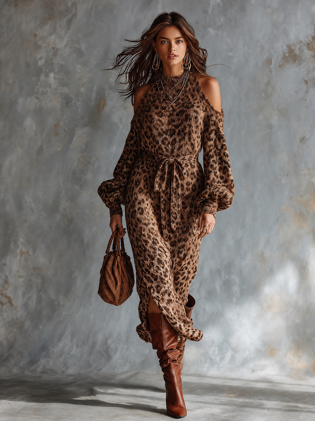 Vestido Midi Chic Elegante Café Leopardo Jacquard con Cuello Alto, Hombros Descubiertos y Cinturón