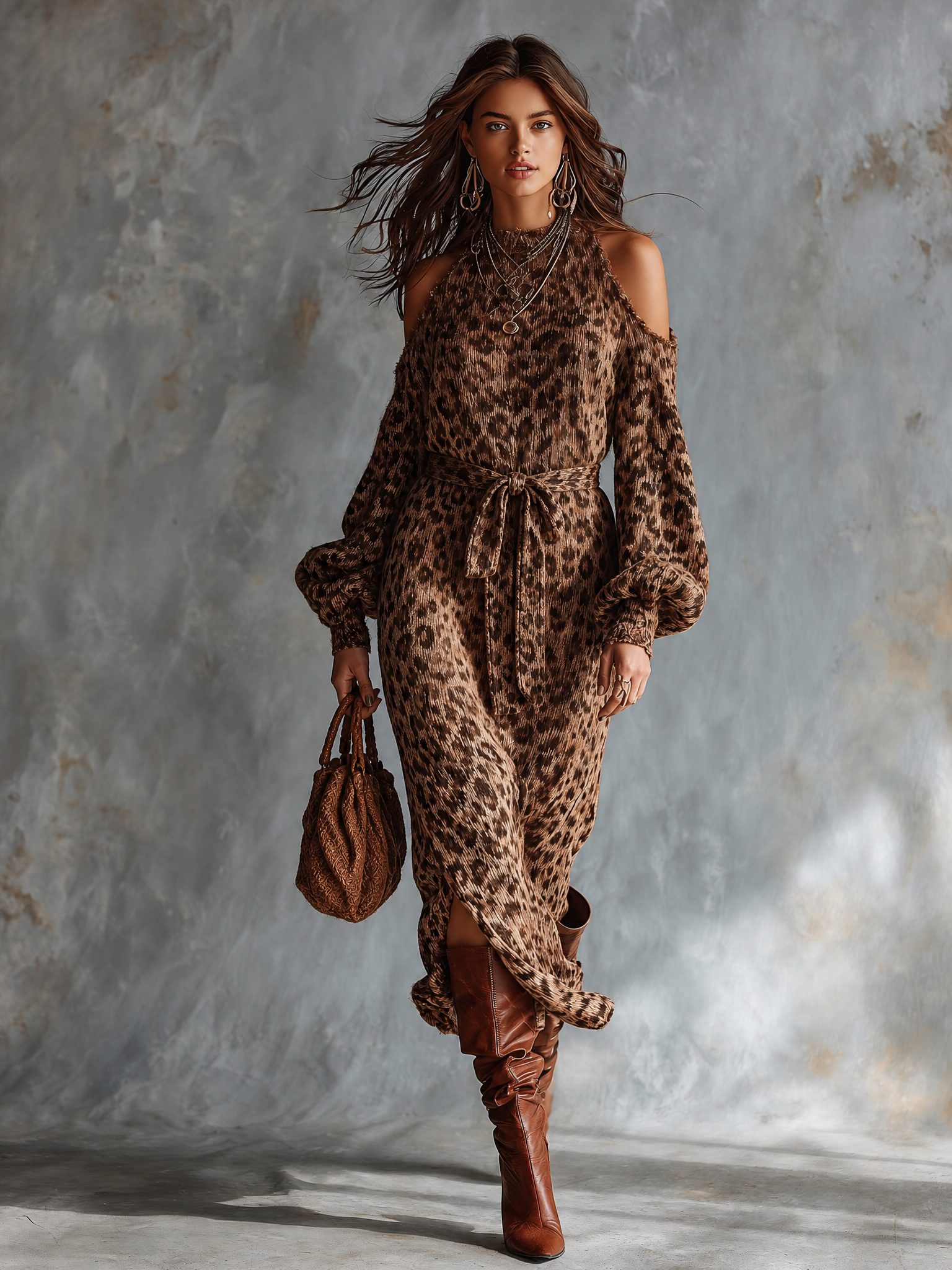 Vestido Midi Chic Elegante Café Leopardo Jacquard con Cuello Alto, Hombros Descubiertos y Cinturón
