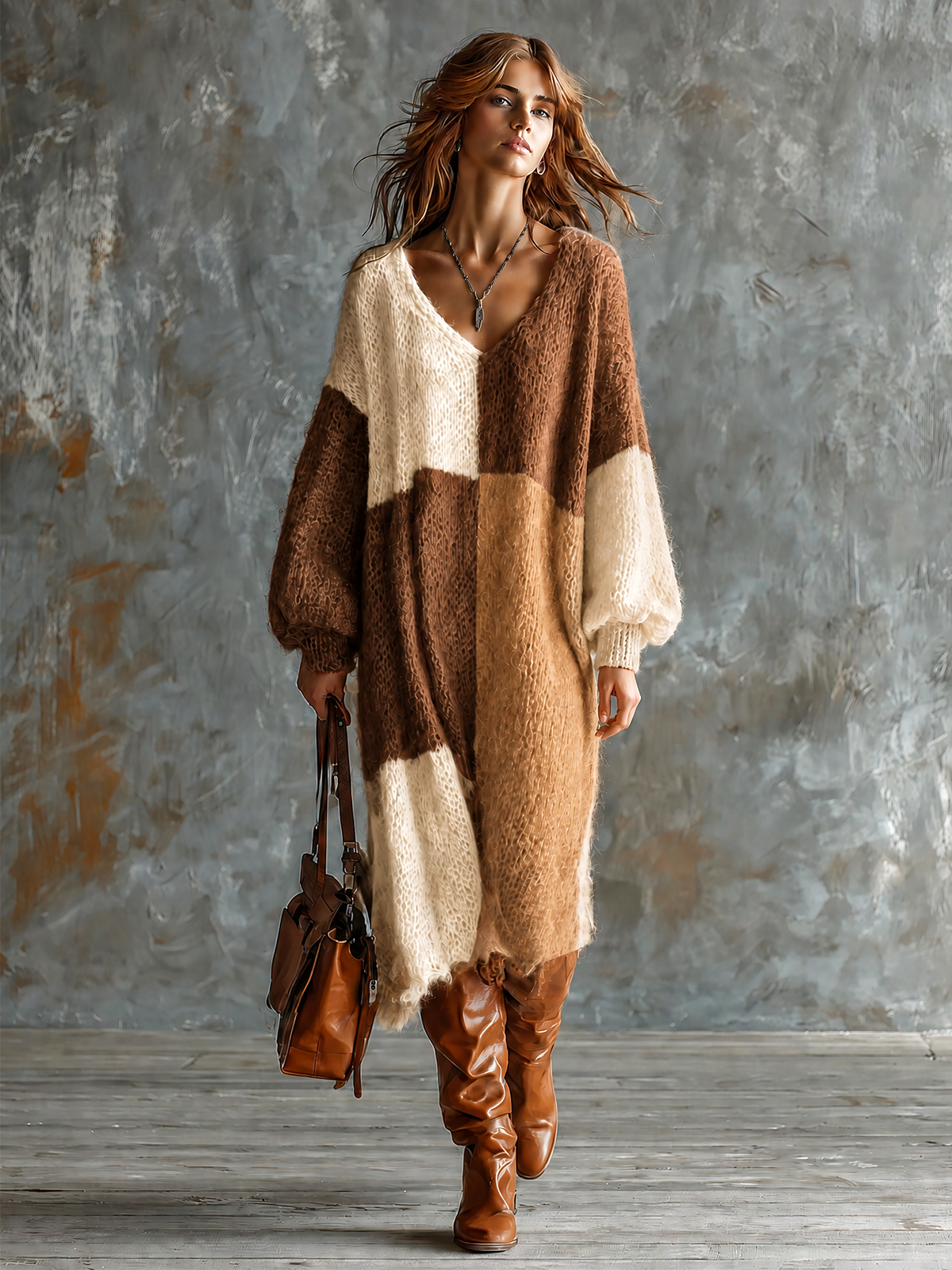 Vestido Midi Chic Elegante Colorblock Café, Camel y Blanco Roto con Cuello en V y Manga Larga