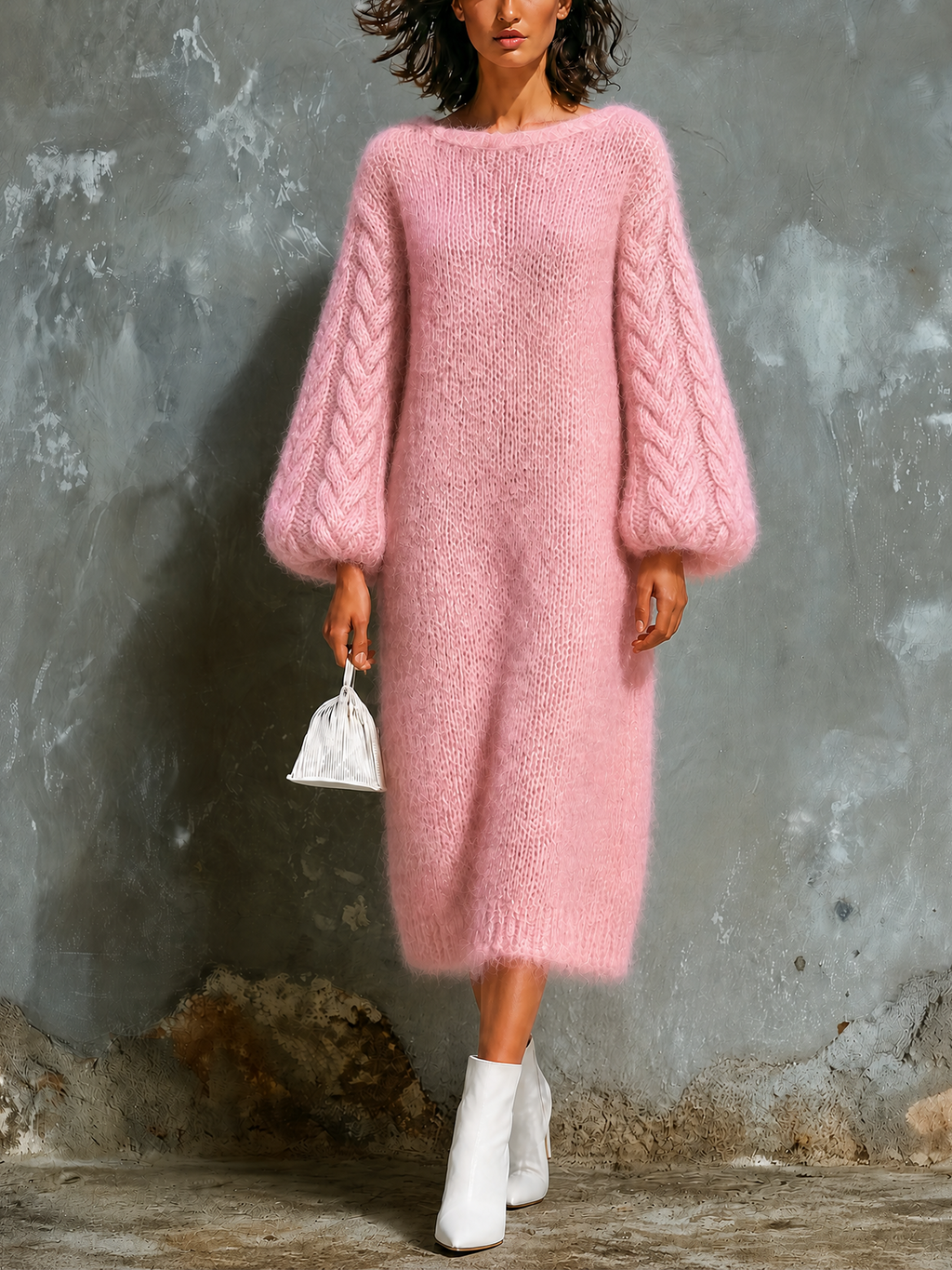Vestido Midi Chic Elegante Rosa con Cuello Barco, Cable y Mangas Globo en Mezcla de Mohair