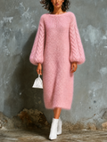 Vestido Midi Chic Elegante Rosa con Cuello Barco, Cable y Mangas Globo en Mezcla de Mohair