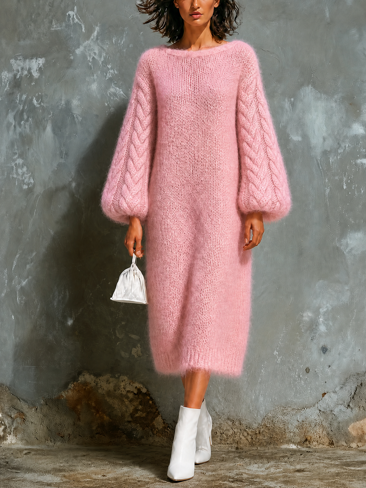 Vestido Midi Chic Elegante Rosa con Cuello Barco, Cable y Mangas Globo en Mezcla de Mohair