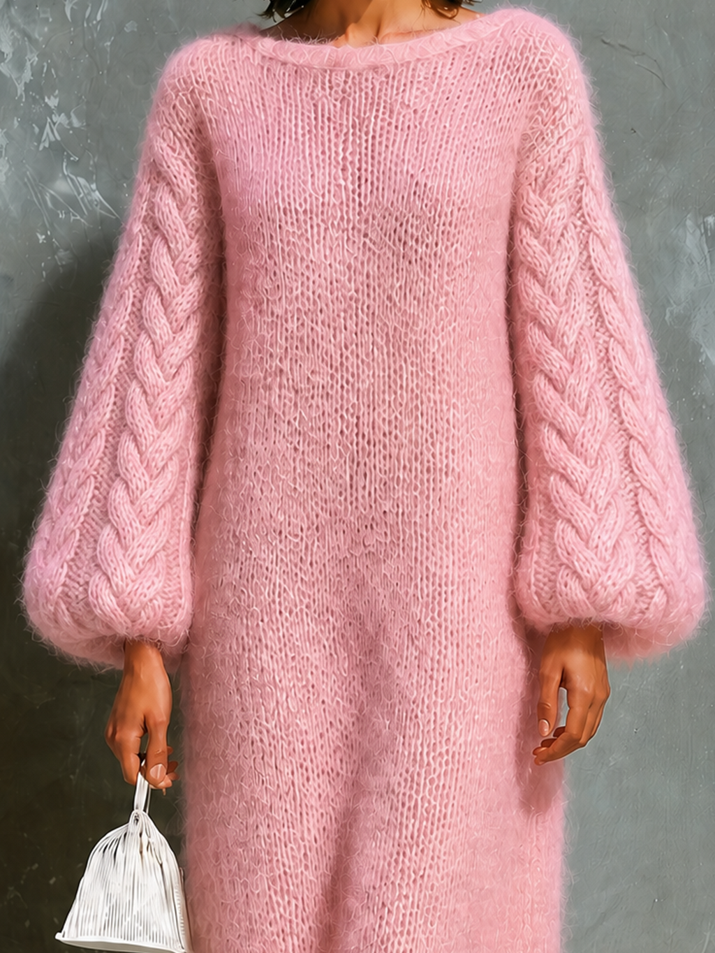 Vestido Midi Chic Elegante Rosa con Cuello Barco, Cable y Mangas Globo en Mezcla de Mohair