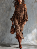 Vestido Midi Chic Elegante Café Leopardo Jacquard con Cuello Alto, Hombros Descubiertos y Cinturón