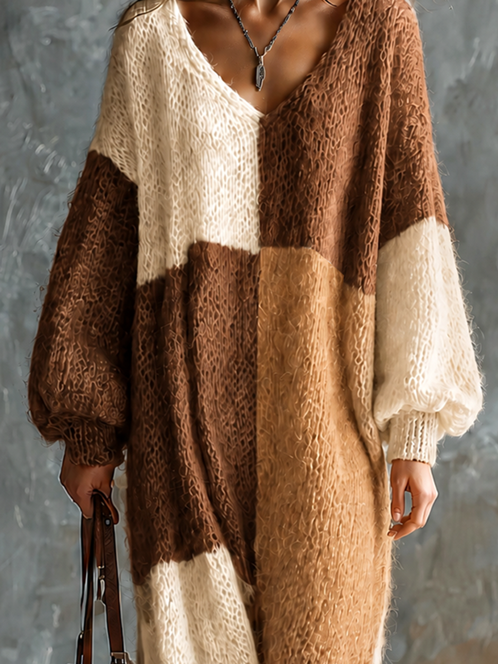 Vestido Midi Chic Elegante Colorblock Café, Camel y Blanco Roto con Cuello en V y Manga Larga