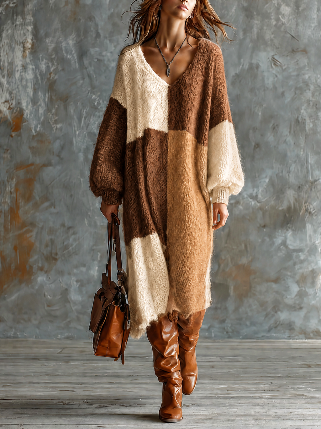 Vestido Midi Chic Elegante Colorblock Café, Camel y Blanco Roto con Cuello en V y Manga Larga