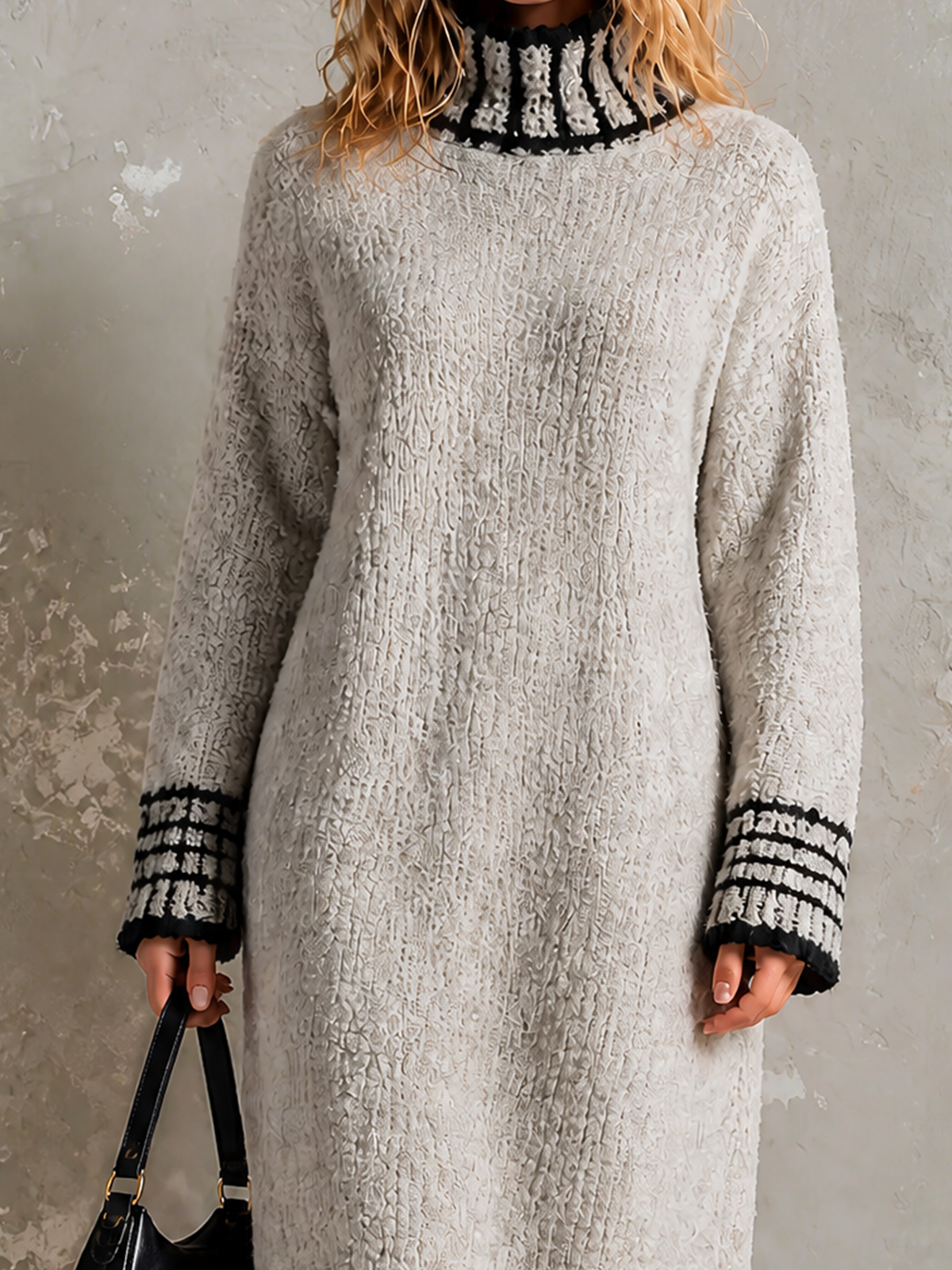 Vestido Midi Chic Elegante Gris Claro con Cuello Alto, Ribete en Contraste y Manga Larga
