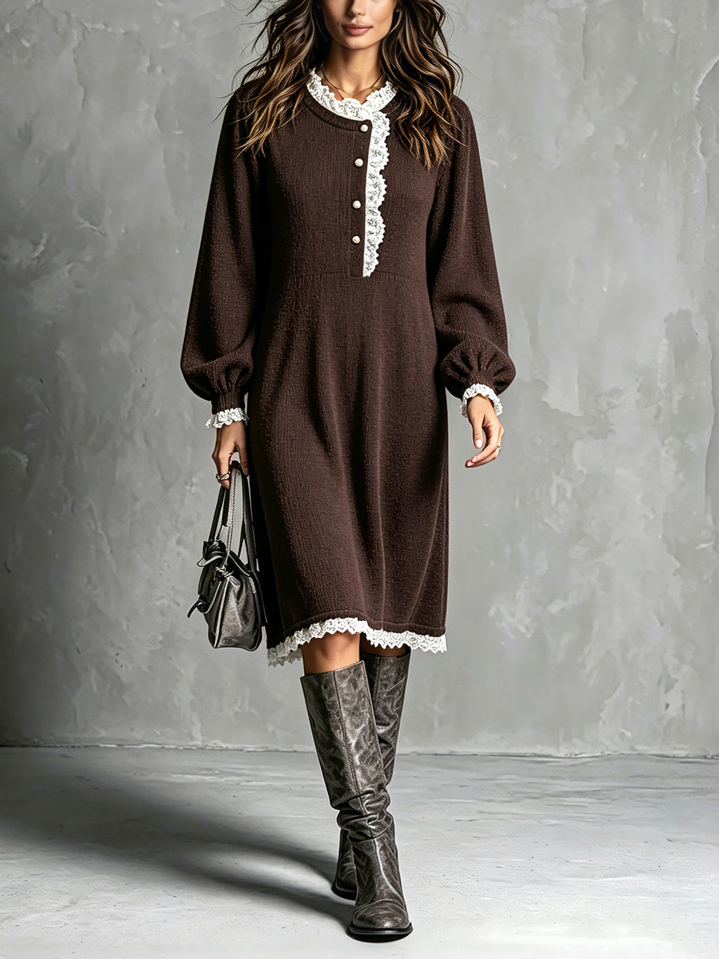 Vestido Midi Chic Elegante Café con Cuello Redondo, Mangas Farol y Ribete de Encaje