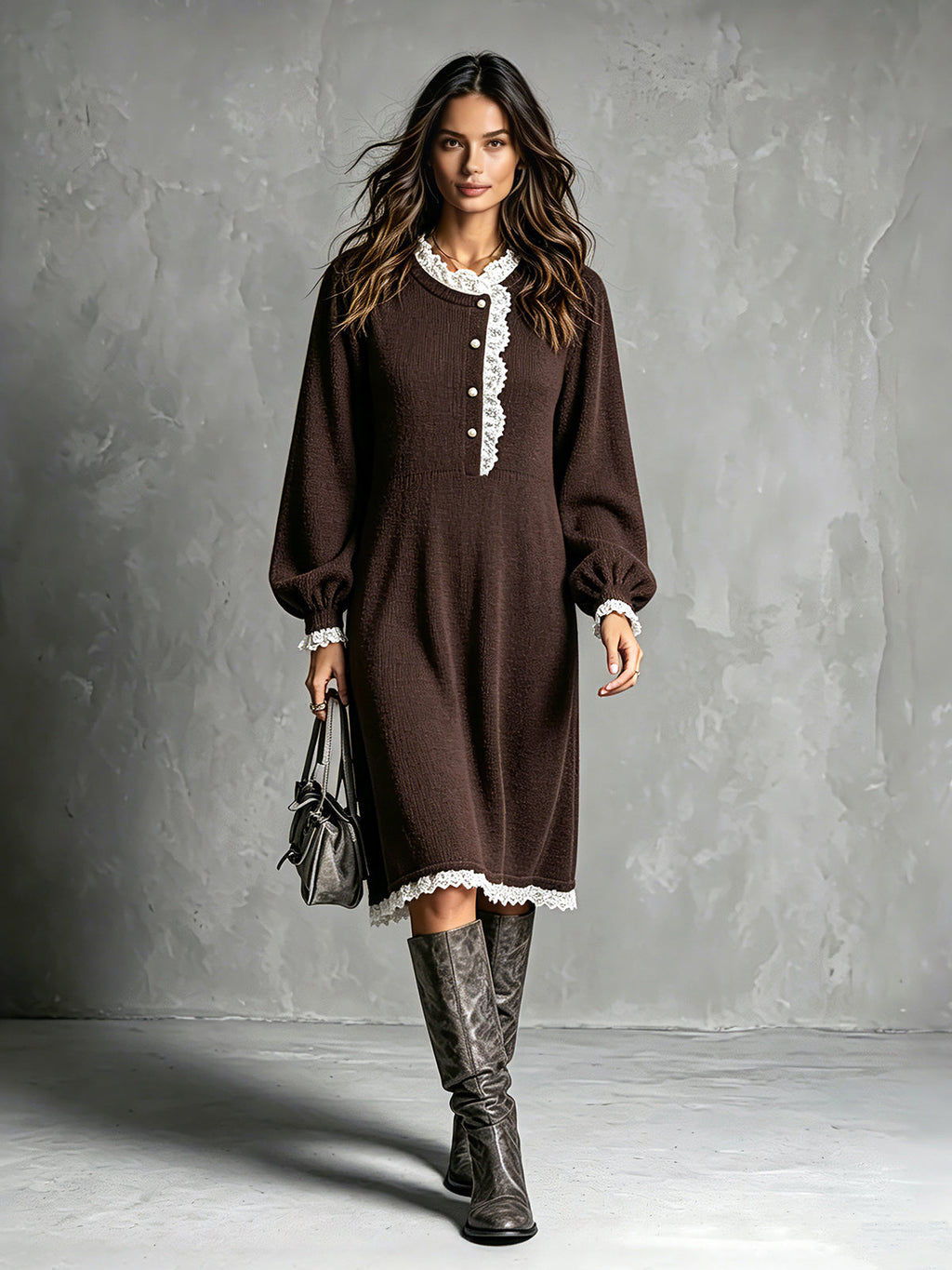 Vestido Midi Chic Elegante Café con Cuello Redondo, Mangas Farol y Ribete de Encaje