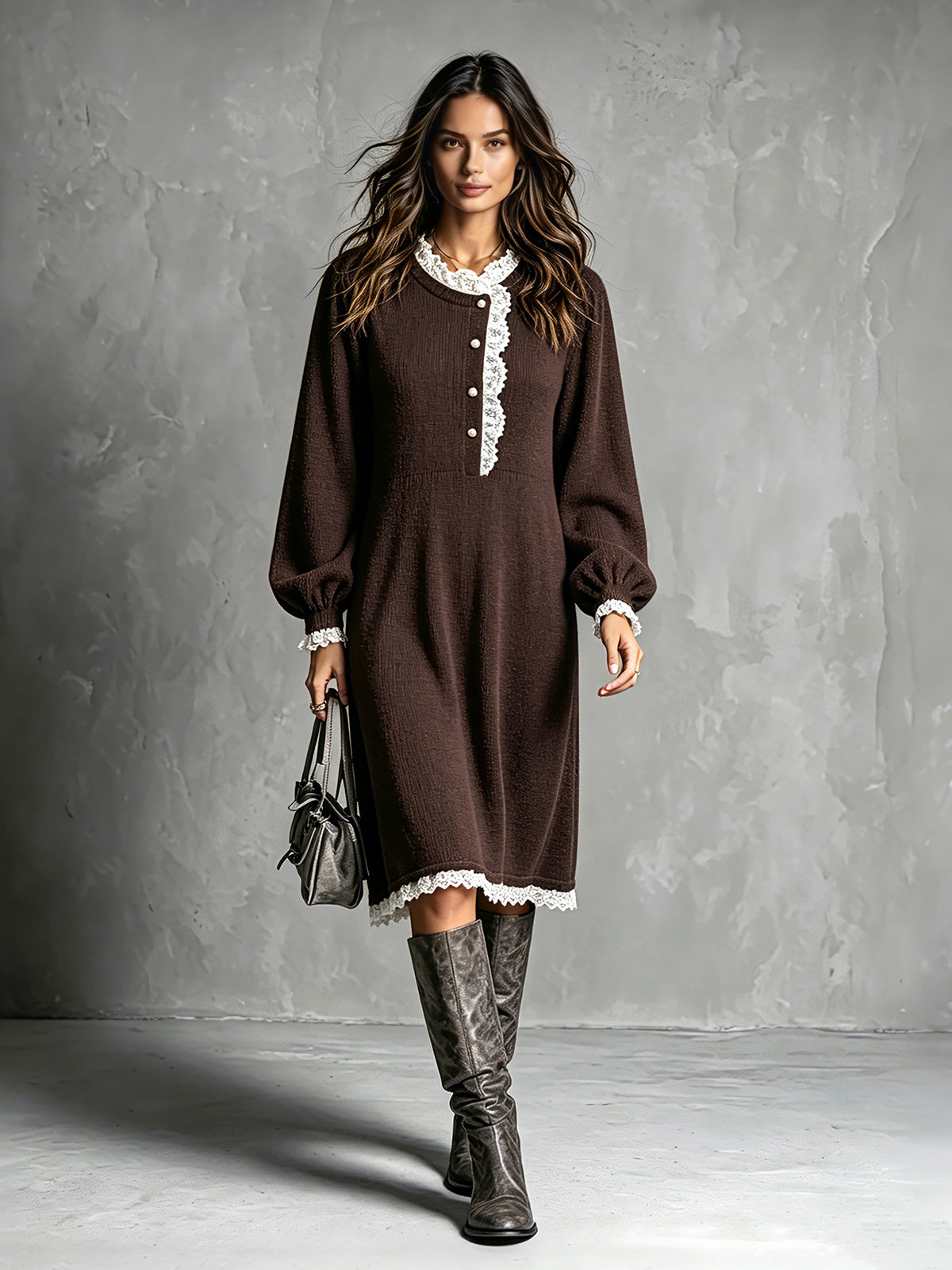Vestido Midi Chic Elegante Café con Cuello Redondo, Mangas Farol y Ribete de Encaje
