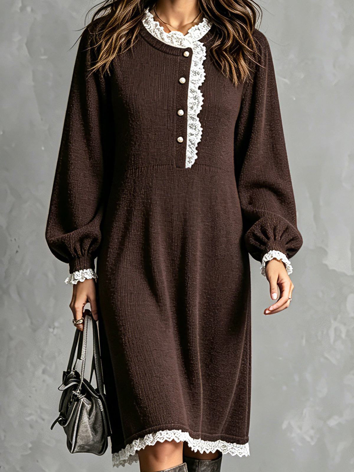 Vestido Midi Chic Elegante Café con Cuello Redondo, Mangas Farol y Ribete de Encaje