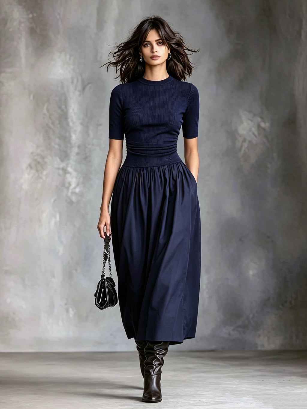 Vestido Midi Chic Casual Azul Marino con Cuello Redondo, Manga Corta y Detalles Plisados