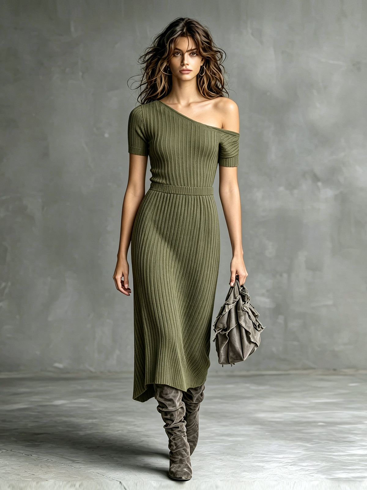 Vestido Midi Chic Casual Verde Militar de un Solo Hombro con Cintura Entallada y Línea A