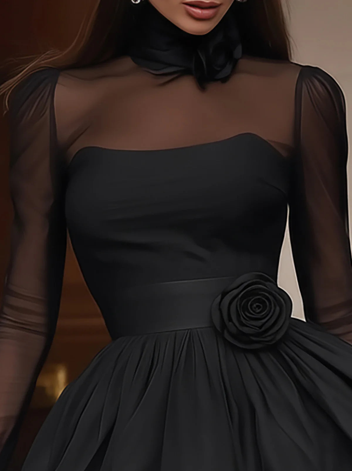 Mini Vestido Negro con Detalle de Tul y Falda Puff