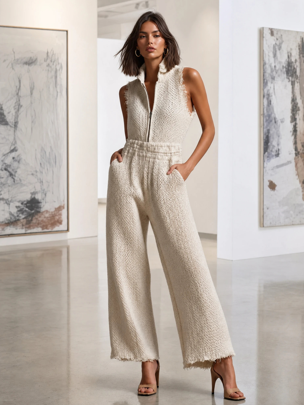 Mono Chic Elegante Blanco Crema con Cuello Alto, Media Cremallera y Borde Deshilachado