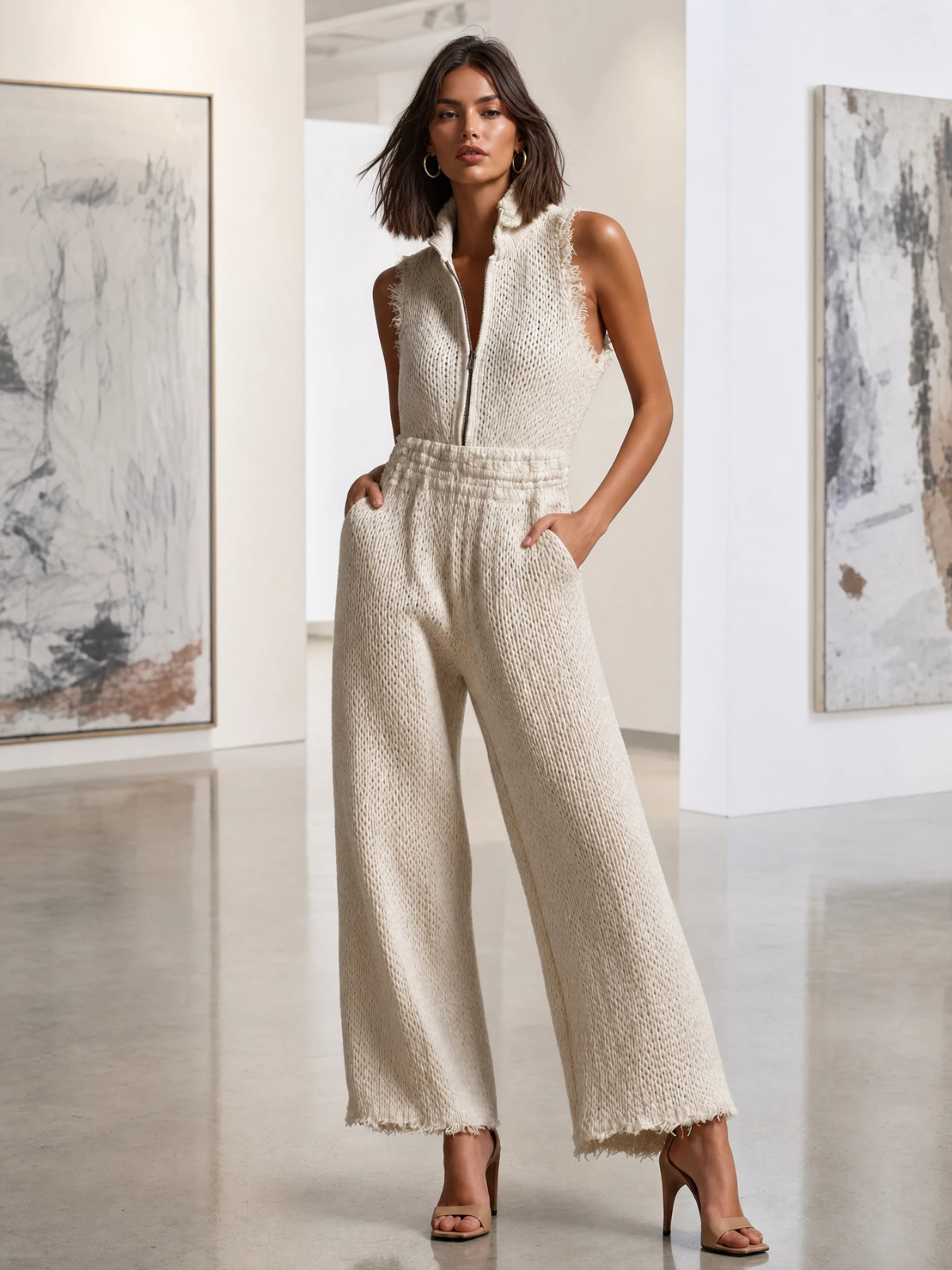 Mono Chic Elegante Blanco Crema con Cuello Alto, Media Cremallera y Borde Deshilachado