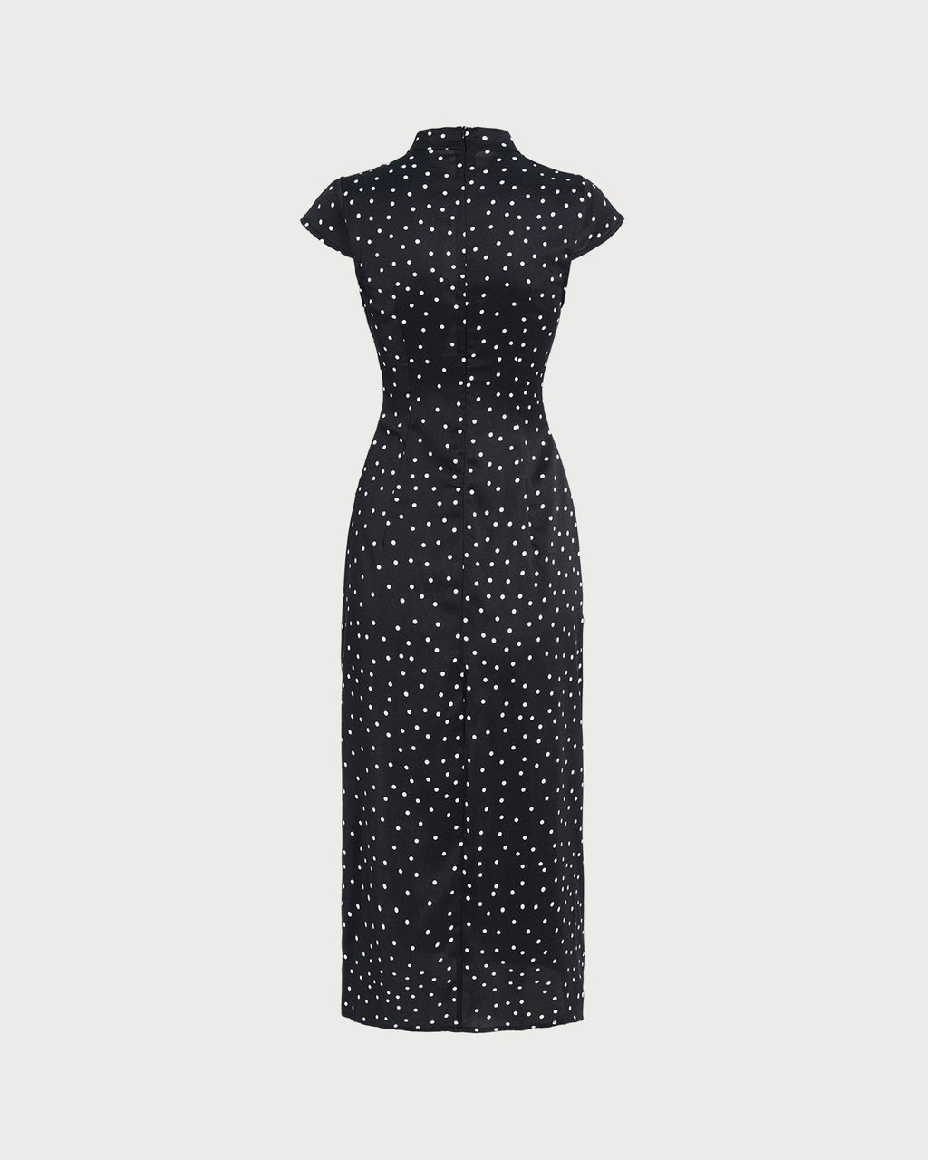 Vestido Midi Negro de Lunares con Cuello Mao