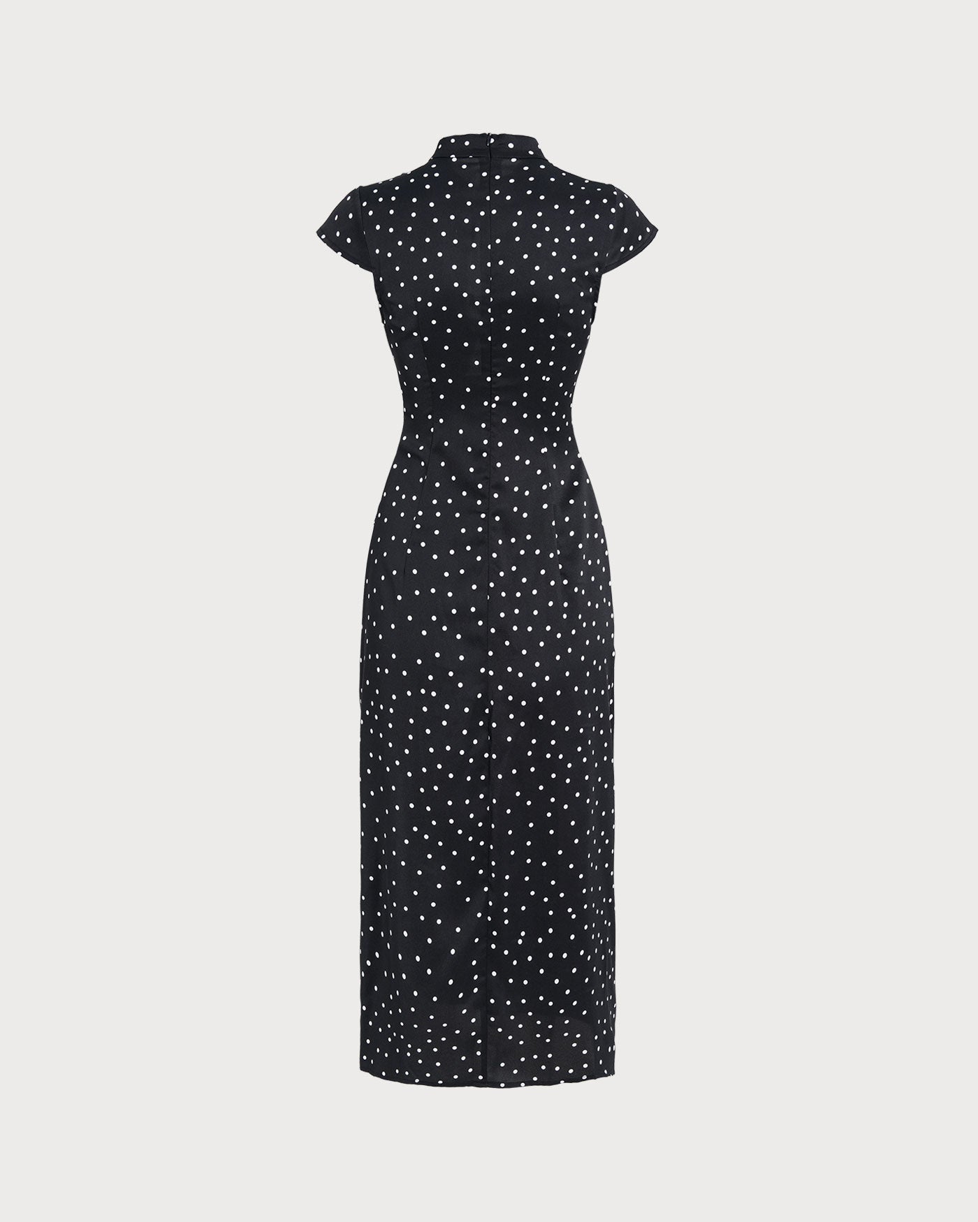 Vestido Midi Negro de Lunares con Cuello Mao