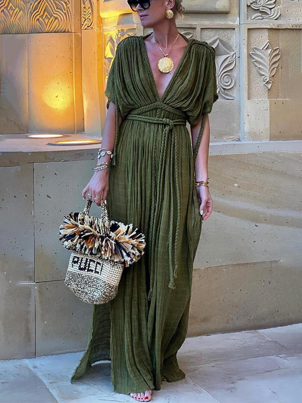 Vestido Maxi Kimono con Drapeado, Trenzas y Abertura