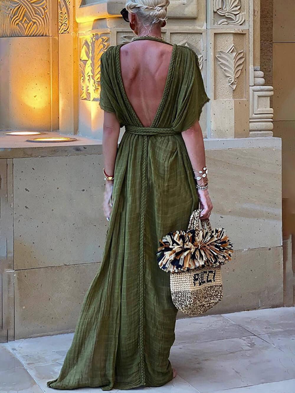 Vestido Maxi Kimono con Drapeado, Trenzas y Abertura