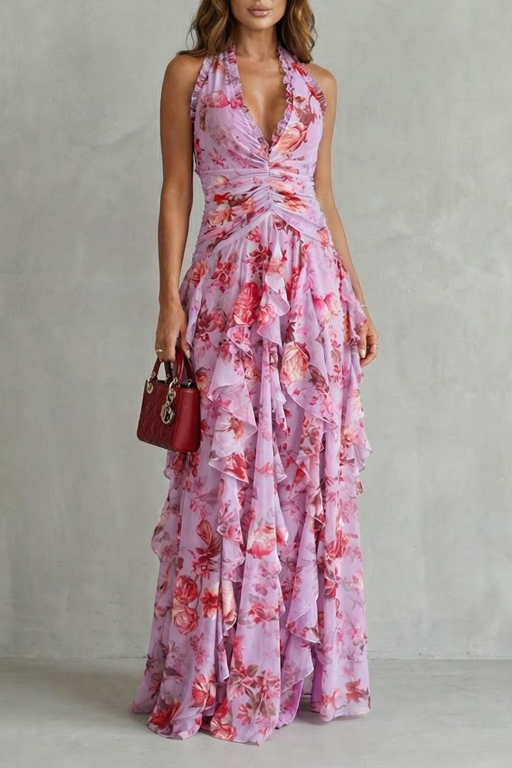 Belladina | Vestido Maxi Romántico con Rosas en Cascada y Escote Americano