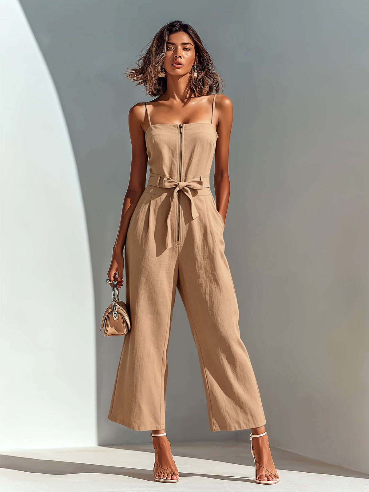 Mono Corto Chic Casual Camel de Algodón-Lino con Tirantes, Cremallera y Pierna Ancha