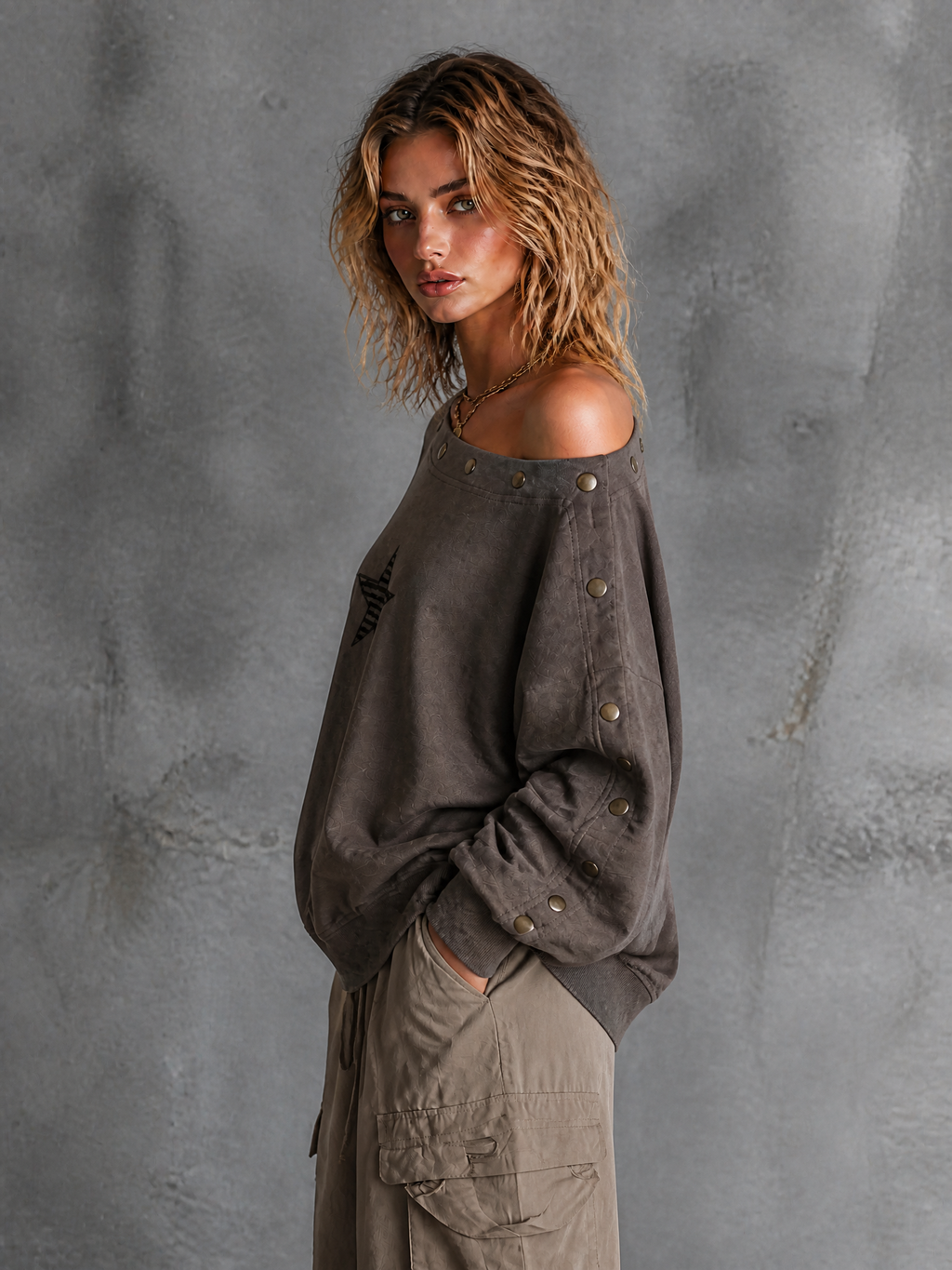 Sudadera Chic Casual Gris Carbón Off-Shoulder con Bordado de Estrellas y Manga Larga