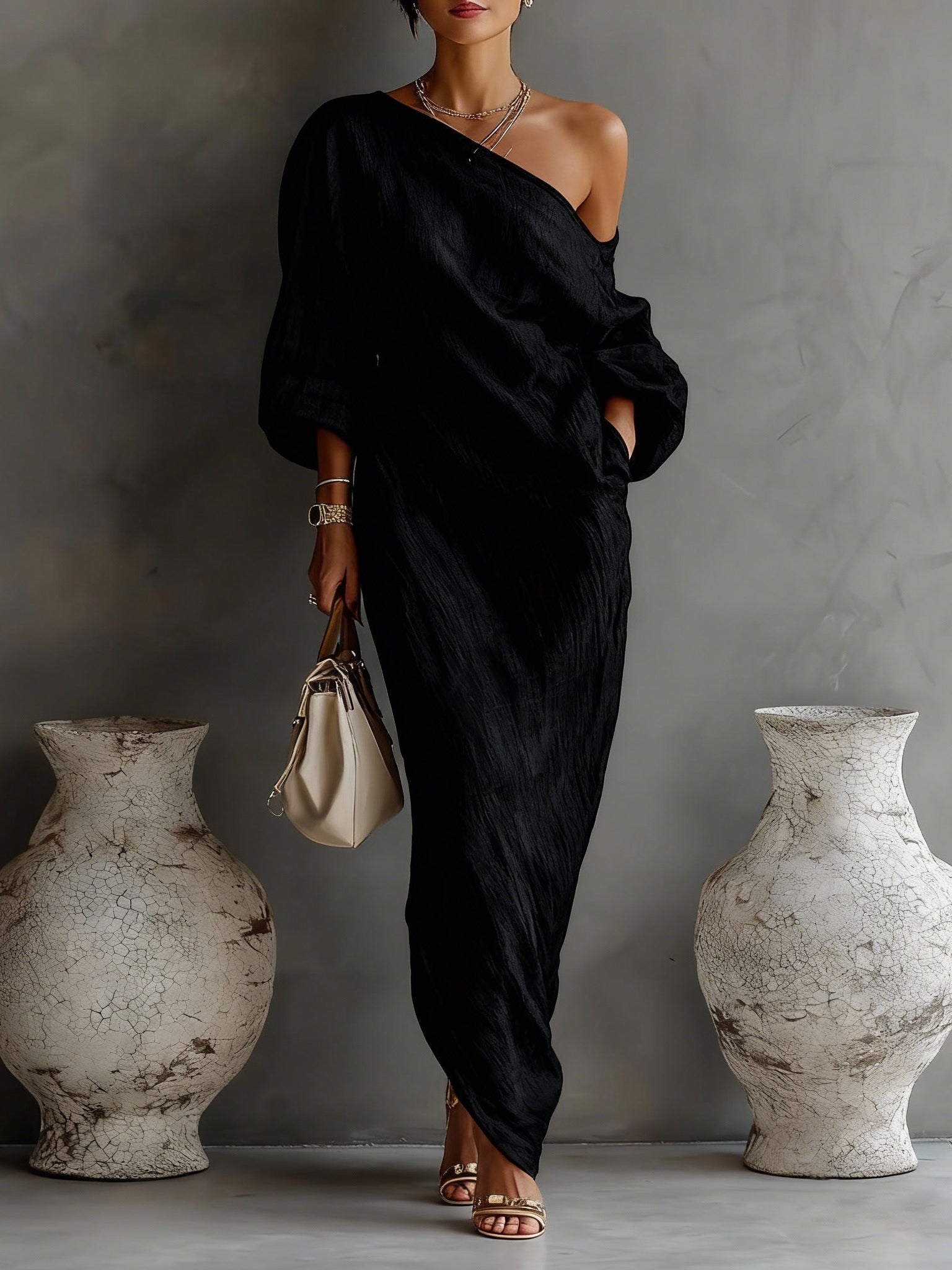 Vestido Maxi Elegante Negro de un Hombro y Corte Fluido (Sin Bolsillos)