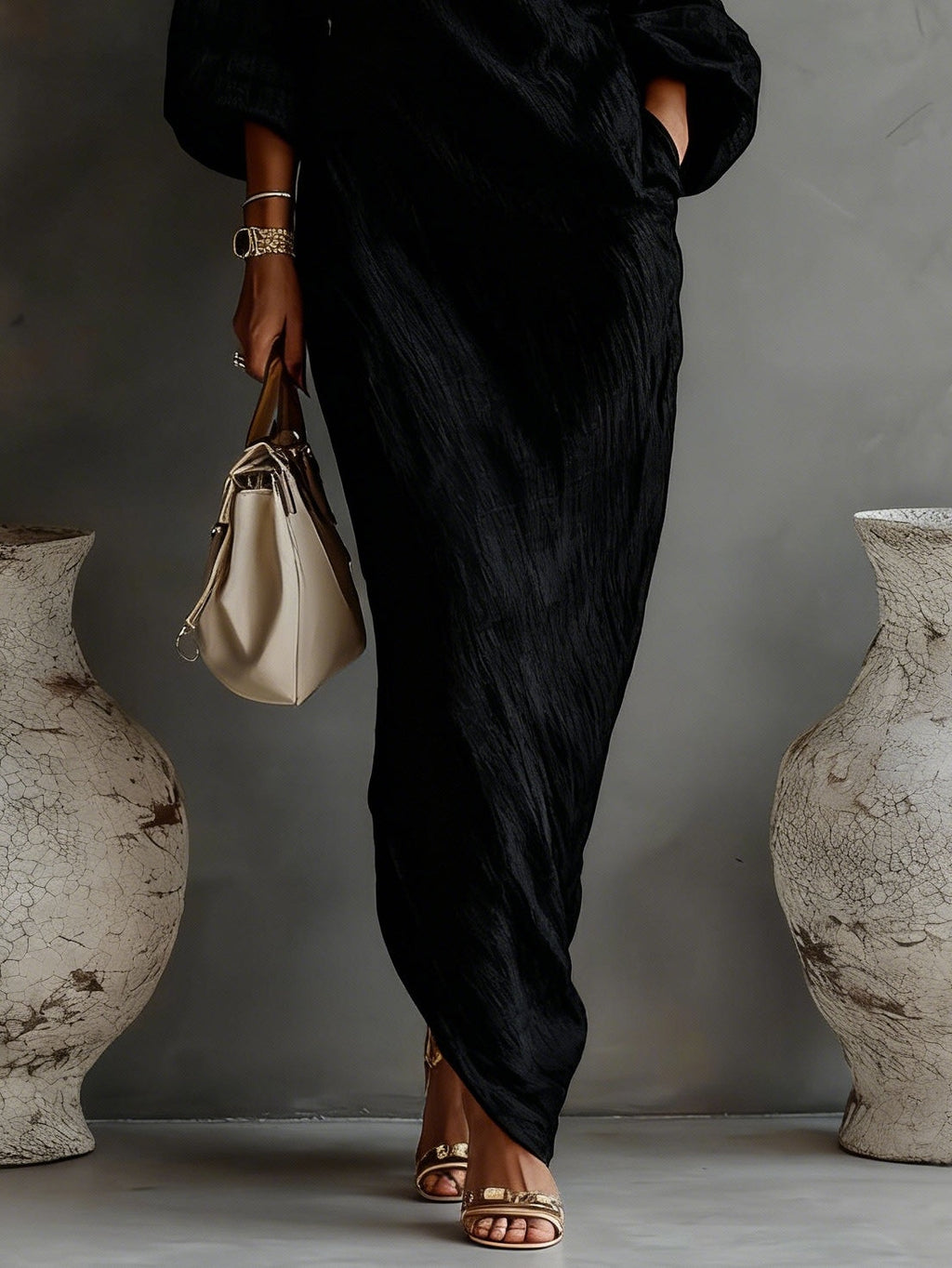 Vestido Maxi Elegante Negro de un Hombro y Corte Fluido (Sin Bolsillos)