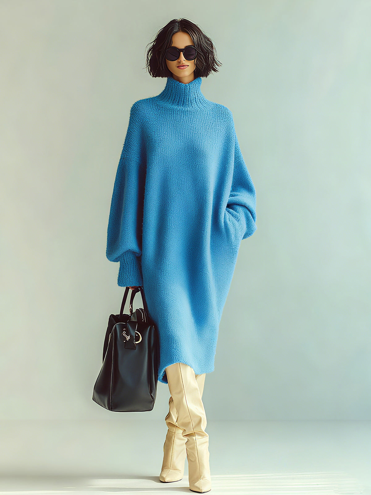 Vestido Midi Chic Casual Azul Oversize con Cuello Alto y Manga Larga