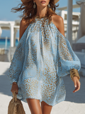 Mini Vestido Bohemio Romántico de Chiffon Azul con Manga Larga, Hombros Descubiertos y Estampado Leopardo