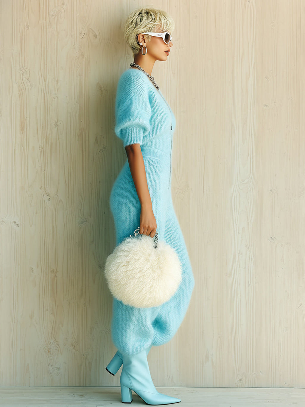 Mono Chic Elegante Azul con Cuello en V, Cremallera, Manga Corta y Punto Esponjoso