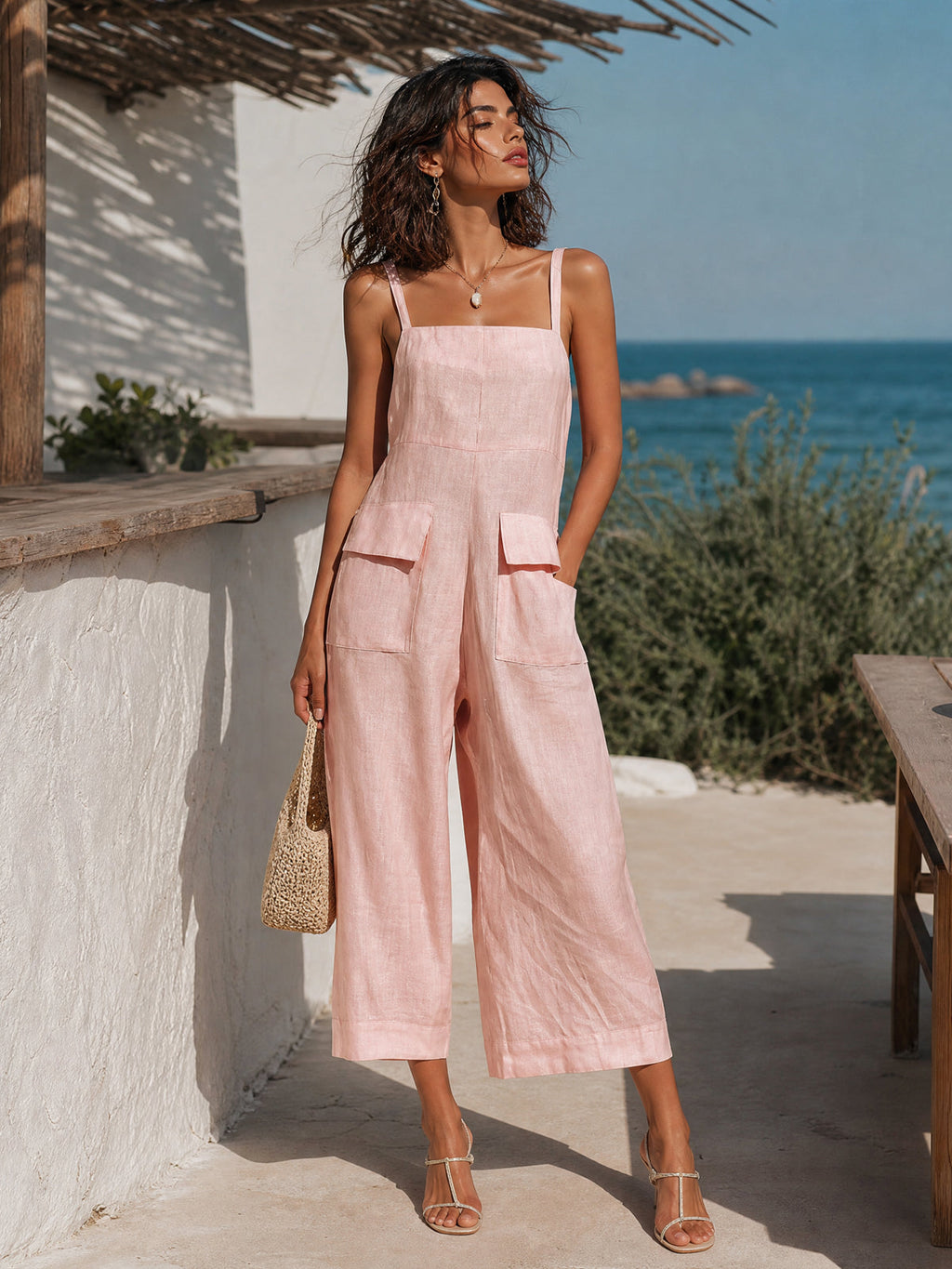 Mono Corto Chic Elegante Rosa de Algodón-Lino con Tirantes Finos y Pierna Ancha