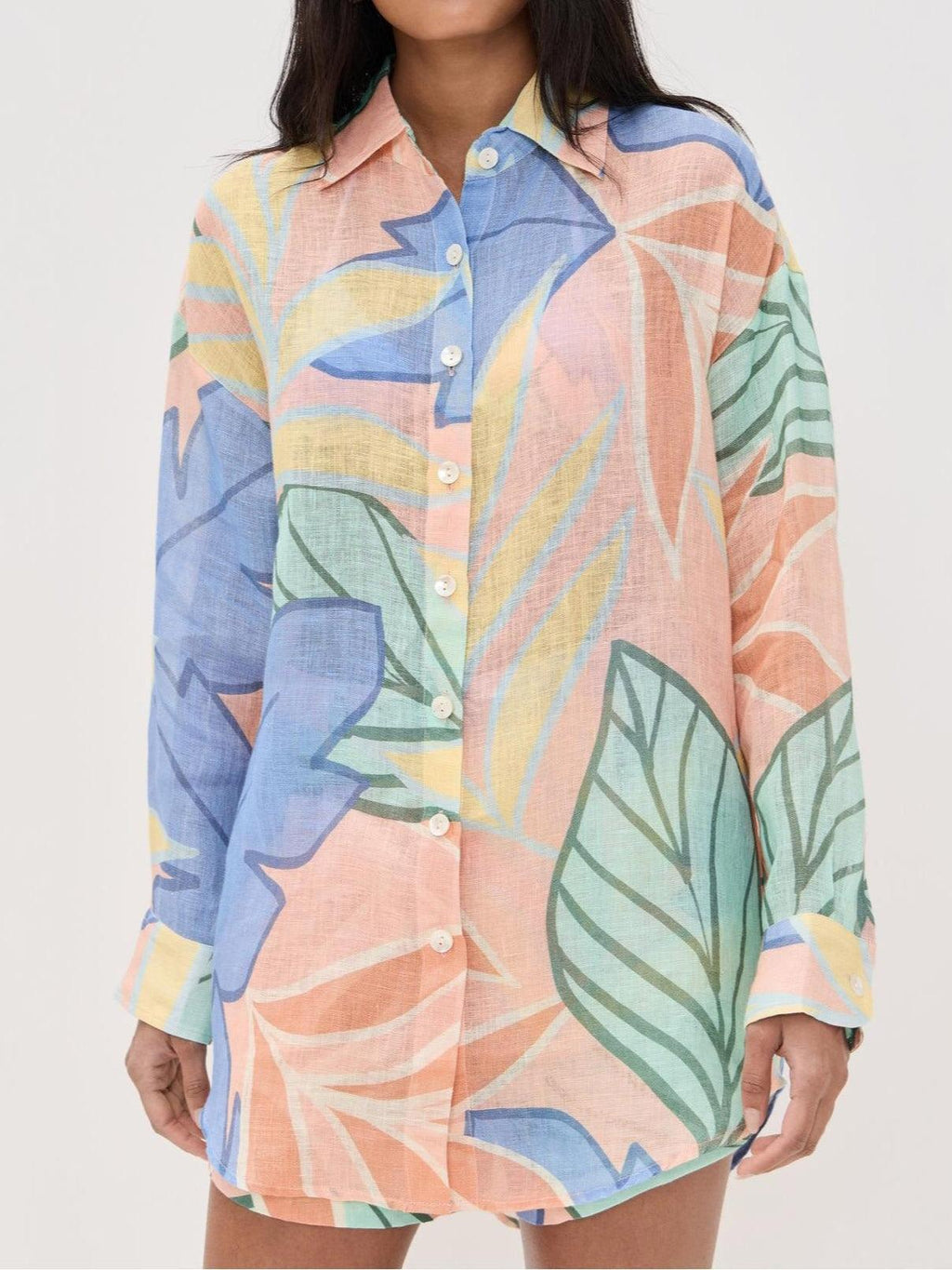 Conjunto Corto Estampado Tropical de Hojas Estilo Boyfriend