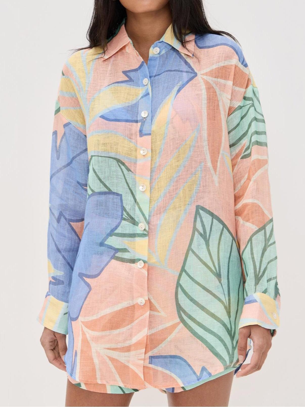 Conjunto Corto Estampado Tropical de Hojas Estilo Boyfriend