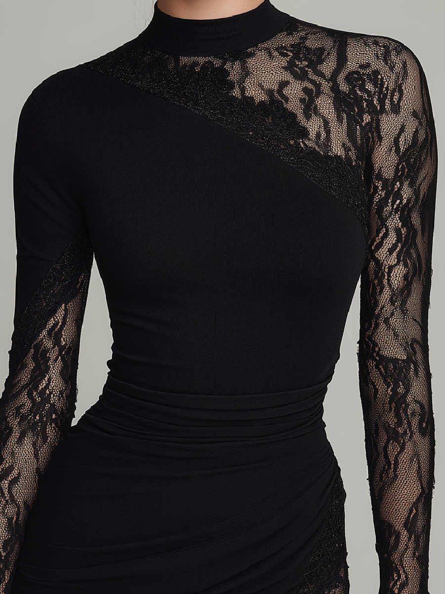 Mini Vestido Negro Asimétrico de Cuello Alto con Tul y Encaje de Manga Larga