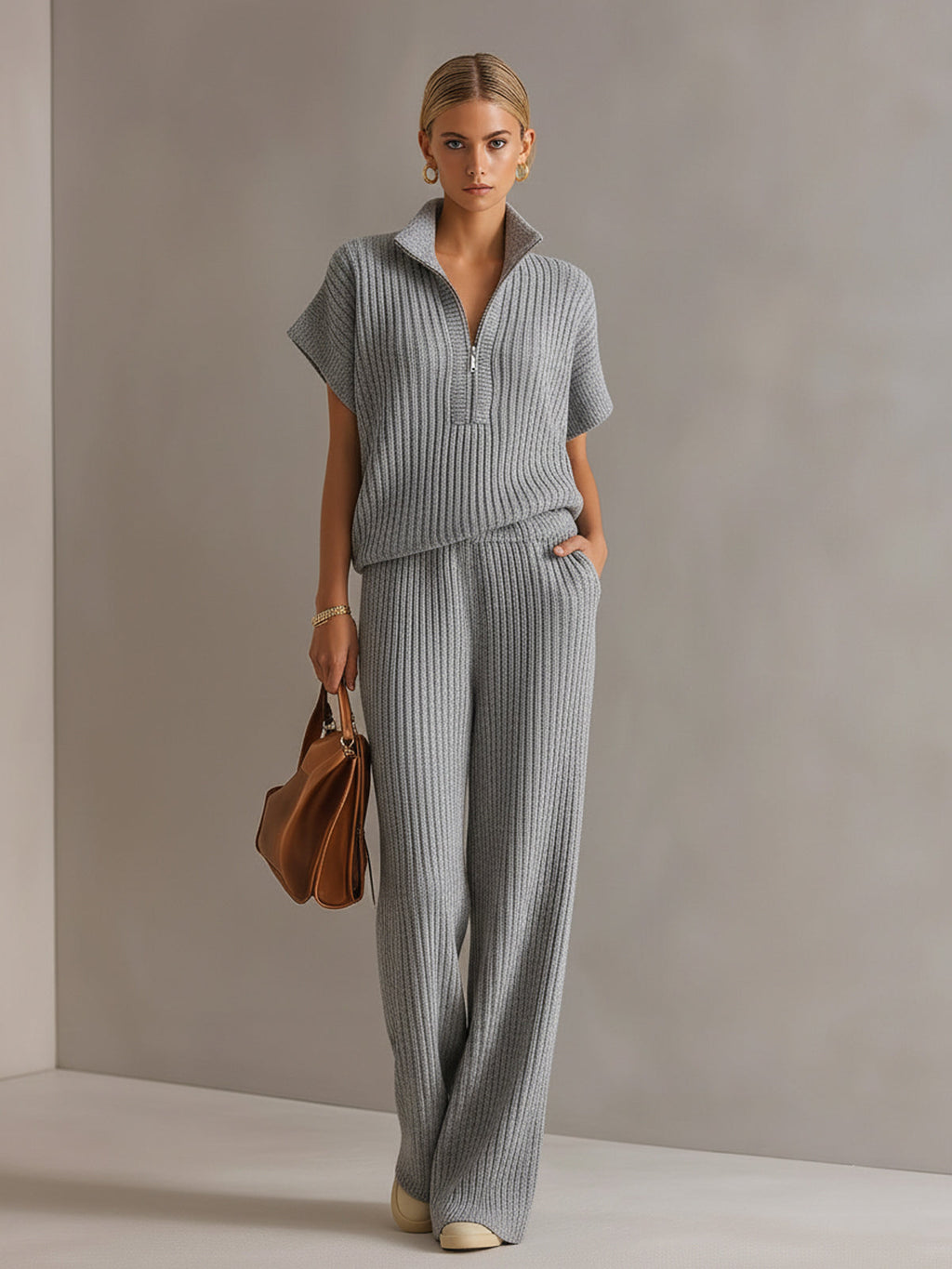 Set de Dos Piezas Chic Elegante Blanco Crema: Suéter Oversize con Cremallera y Pantalón de Pierna Ancha