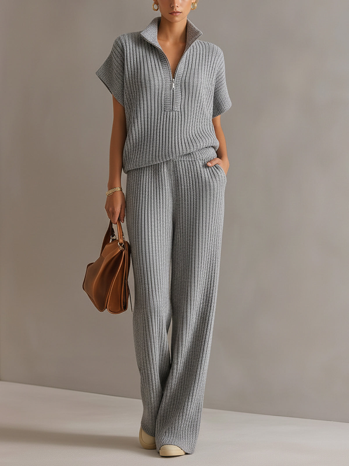 Set de Dos Piezas Chic Elegante Blanco Crema: Suéter Oversize con Cremallera y Pantalón de Pierna Ancha
