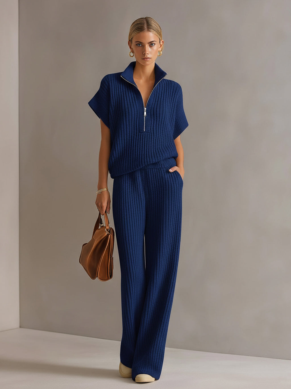 Set de Dos Piezas Chic Elegante Blanco Crema: Suéter Oversize con Cremallera y Pantalón de Pierna Ancha