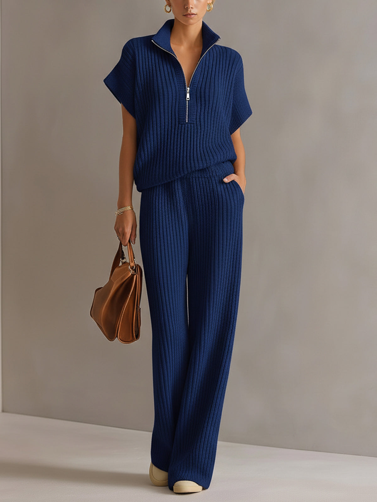 Set de Dos Piezas Chic Elegante Blanco Crema: Suéter Oversize con Cremallera y Pantalón de Pierna Ancha