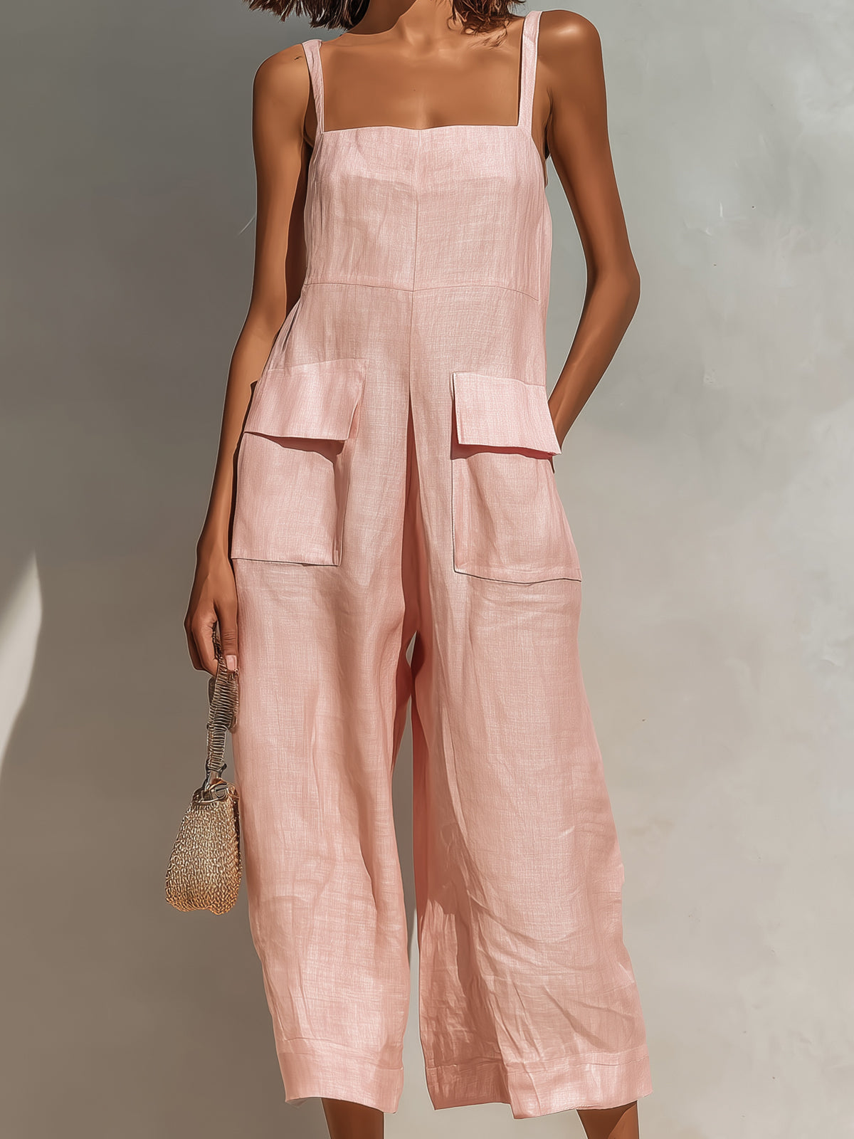 Mono Corto Chic Elegante Rosa de Algodón-Lino con Tirantes Finos y Pierna Ancha