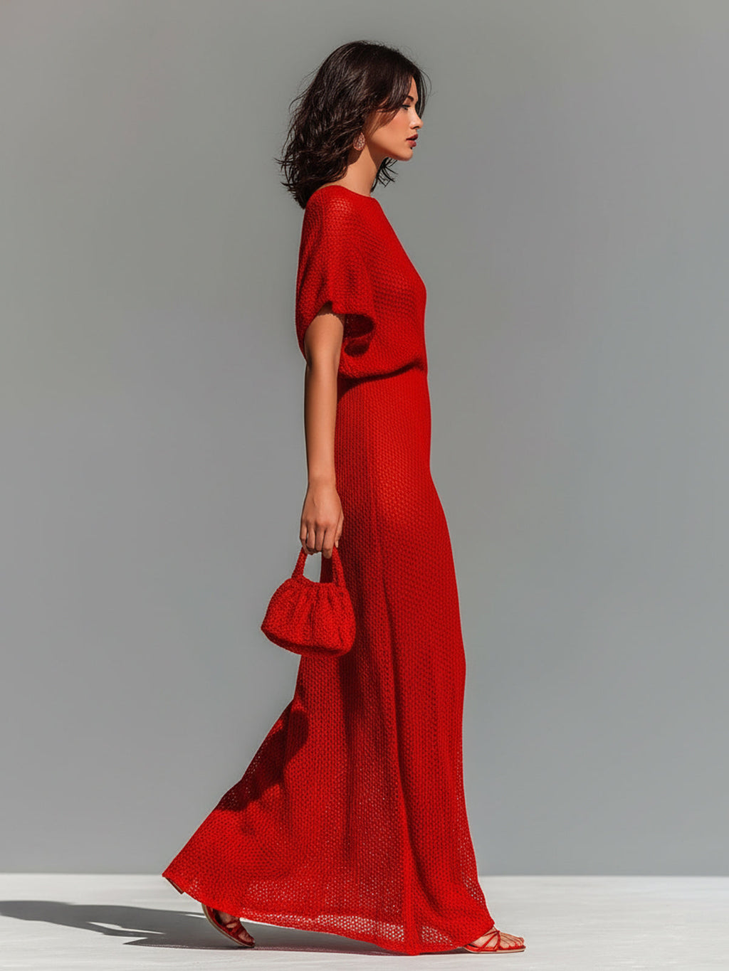 Vestido Maxi Chic Elegante Rojo con Cuello Barco en Punto Transpirable (Incluye Lencero Interior)