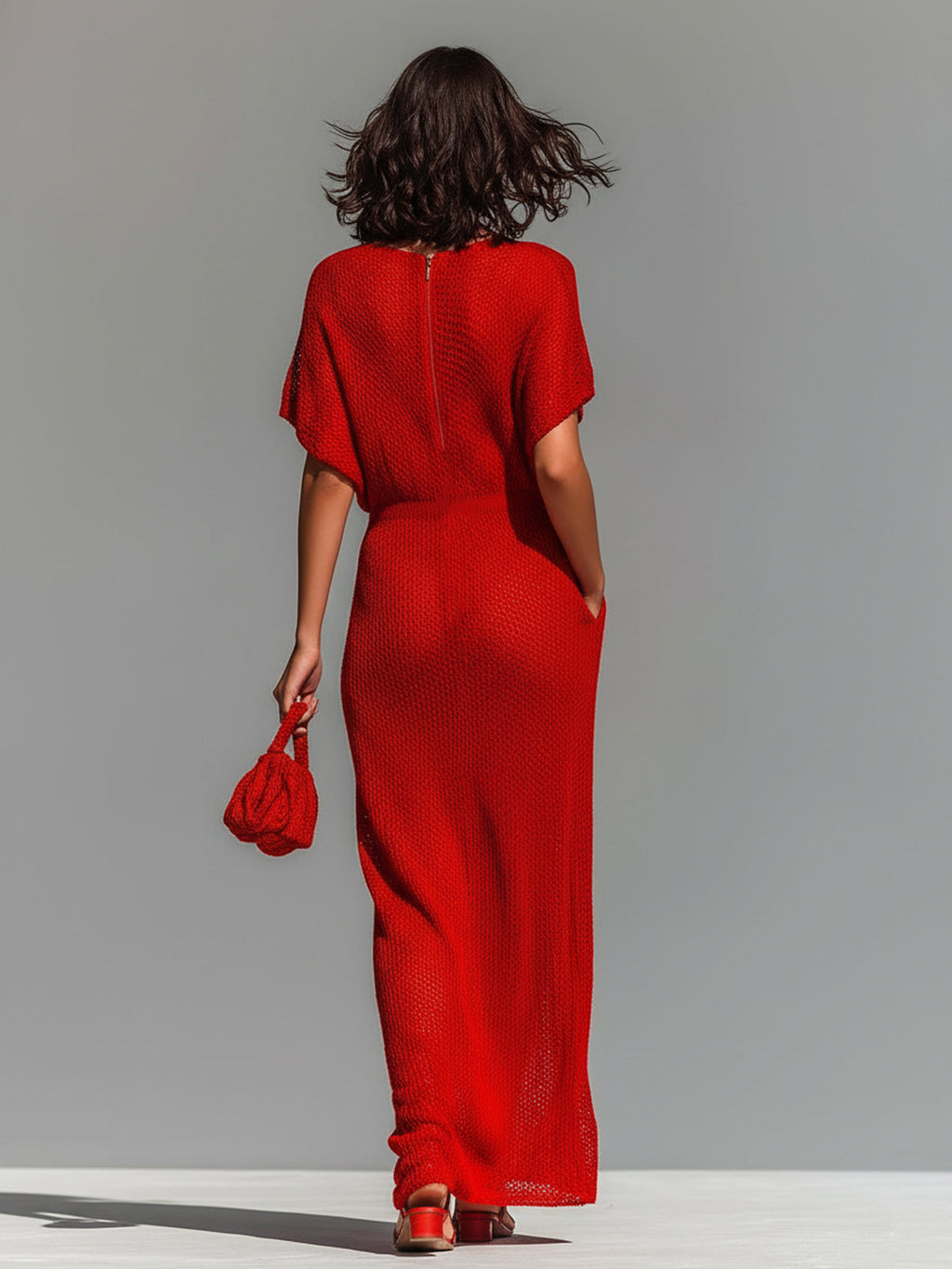 Vestido Maxi Chic Elegante Rojo con Cuello Barco en Punto Transpirable (Incluye Lencero Interior)